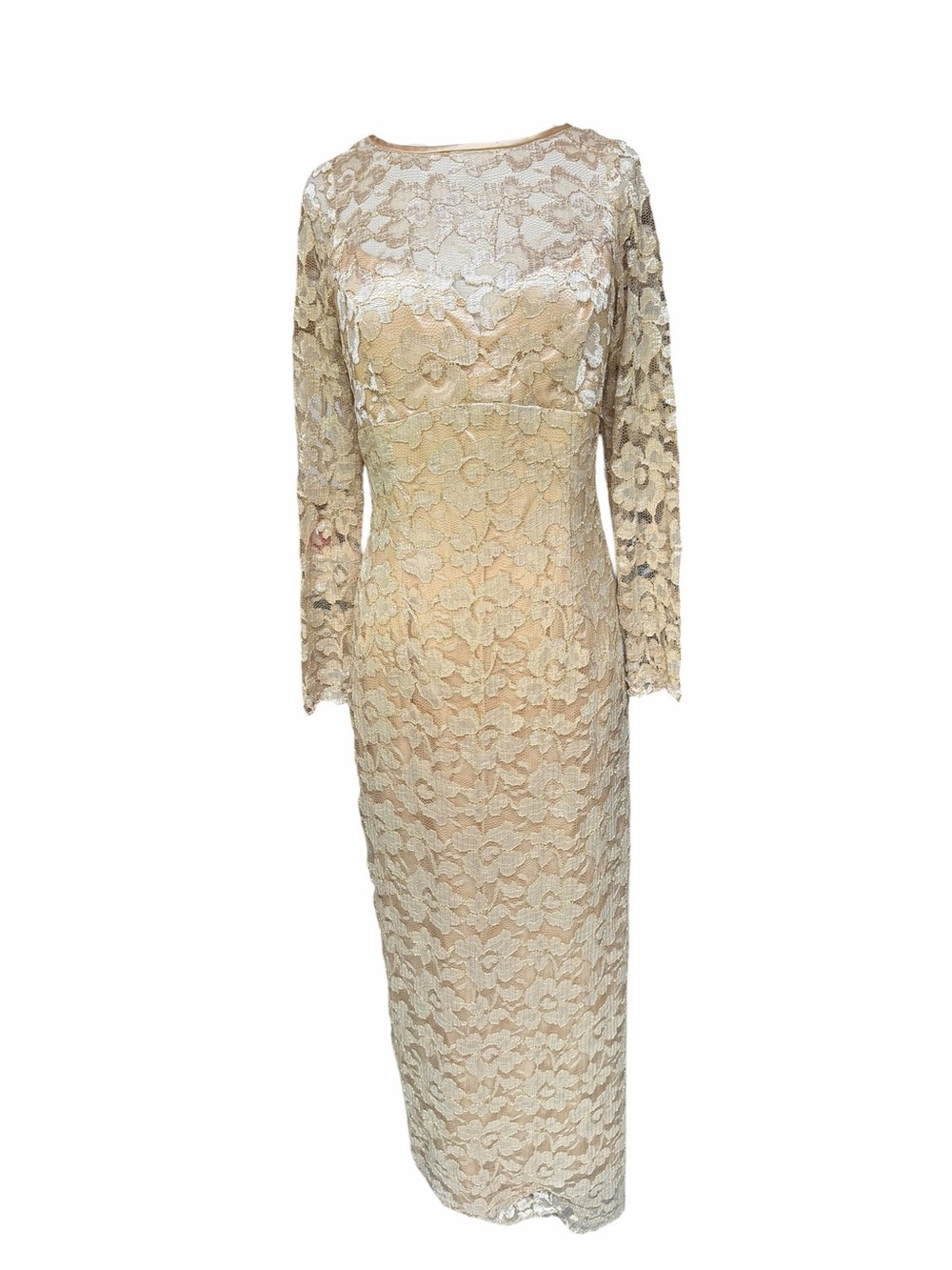 Late 80s does 1930s Jessica McClintock Metallic Gold Floral Lace Column Dress